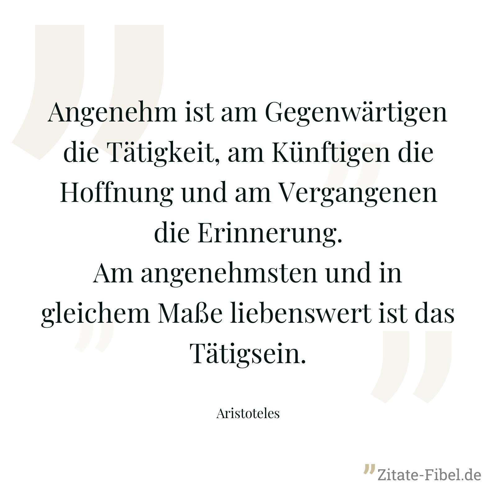 Angenehm ist am Gegenwärtigen die Tätigkeit, am Künftigen die Hoffnung und am Vergangenen die Erinnerung. Am angenehmsten und in gleichem Maße liebenswert ist das Tätigsein. - Aristoteles