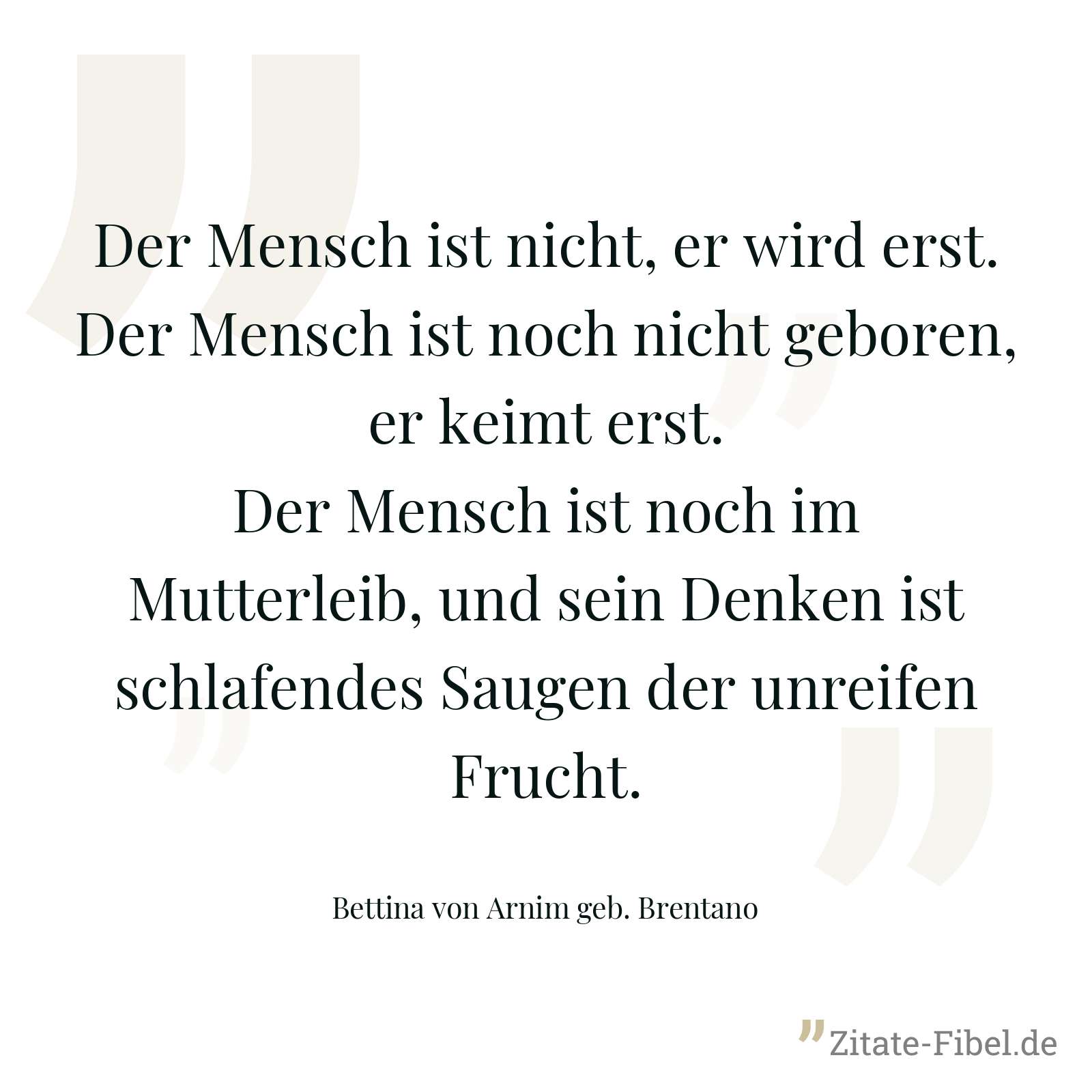 Der Mensch ist nicht, er wird erst. Der Mensch ist noch nicht geboren, er keimt erst. Der Mensch ist noch im Mutterleib, und sein Denken ist schlafendes Saugen der unreifen Frucht. - Bettina von Arnim geb. Brentano