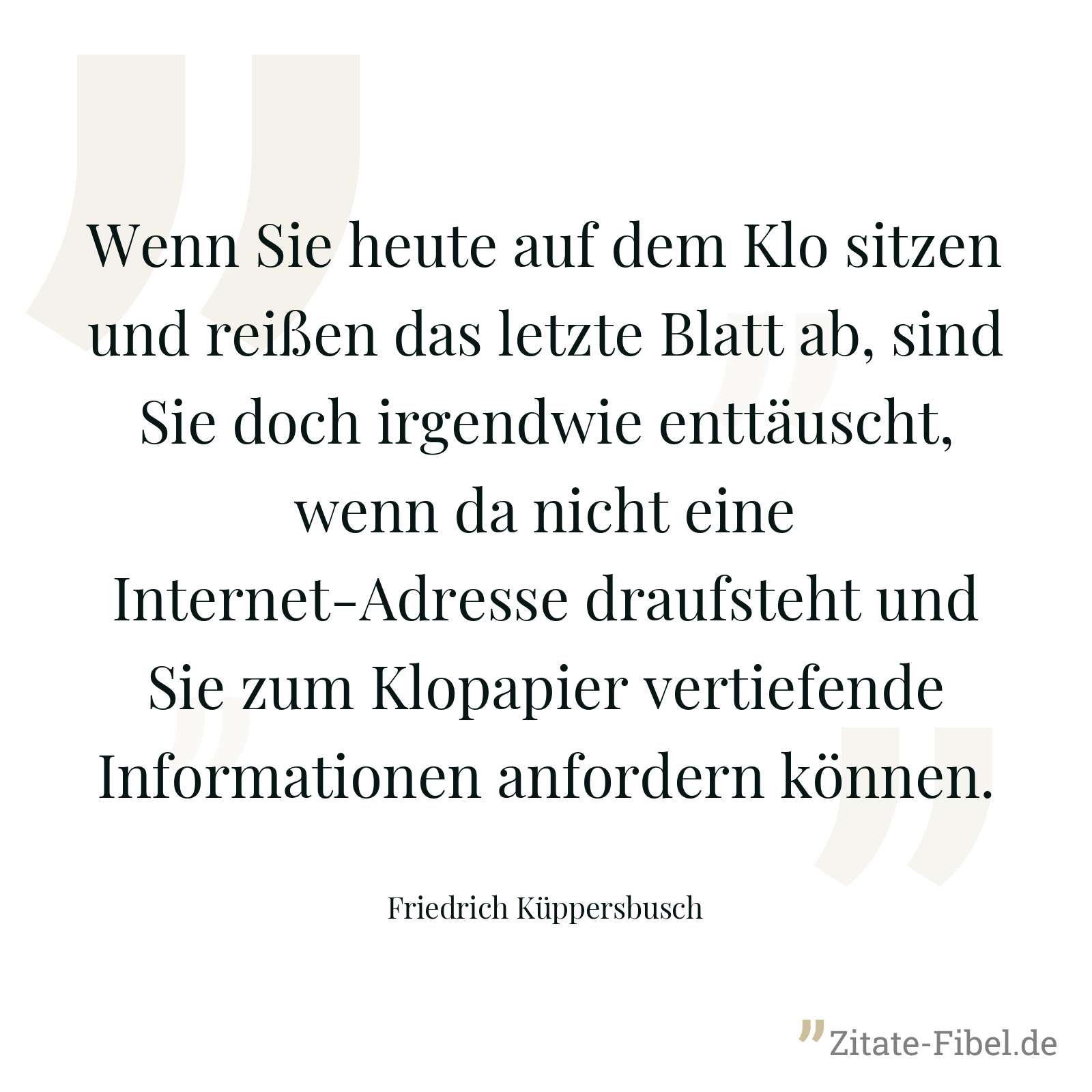 Wenn Sie heute auf dem Klo sitzen und reißen das letzte Blatt ab, sind Sie doch irgendwie enttäuscht, wenn da nicht eine Internet-Adresse draufsteht und Sie zum Klopapier vertiefende Informationen anfordern können. - Friedrich Küppersbusch