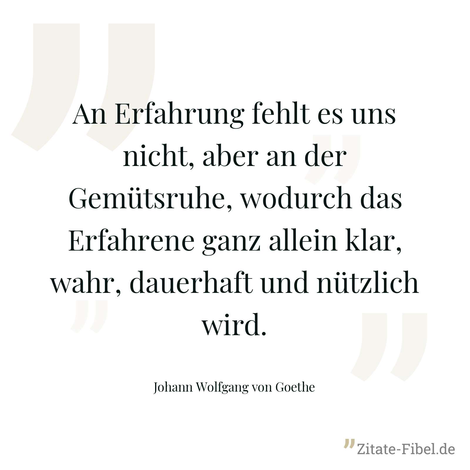 An Erfahrung fehlt es uns nicht, aber an der Gemütsruhe, wodurch das Erfahrene ganz allein klar, wahr, dauerhaft und nützlich wird. - Johann Wolfgang von Goethe