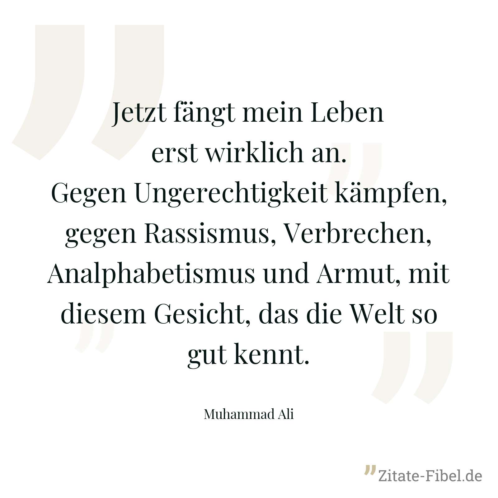 Jetzt fängt mein Leben erst wirklich an. Gegen Ungerechtigkeit kämpfen, gegen Rassismus, Verbrechen, Analphabetismus und Armut, mit diesem Gesicht, das die Welt so gut kennt. - Muhammad Ali