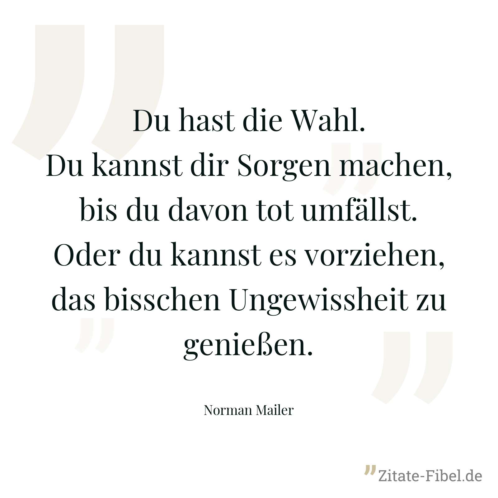 Du hast die Wahl. Du kannst dir Sorgen machen, bis du davon tot umfällst. Oder du kannst es vorziehen, das bisschen Ungewissheit zu genießen. - Norman Mailer