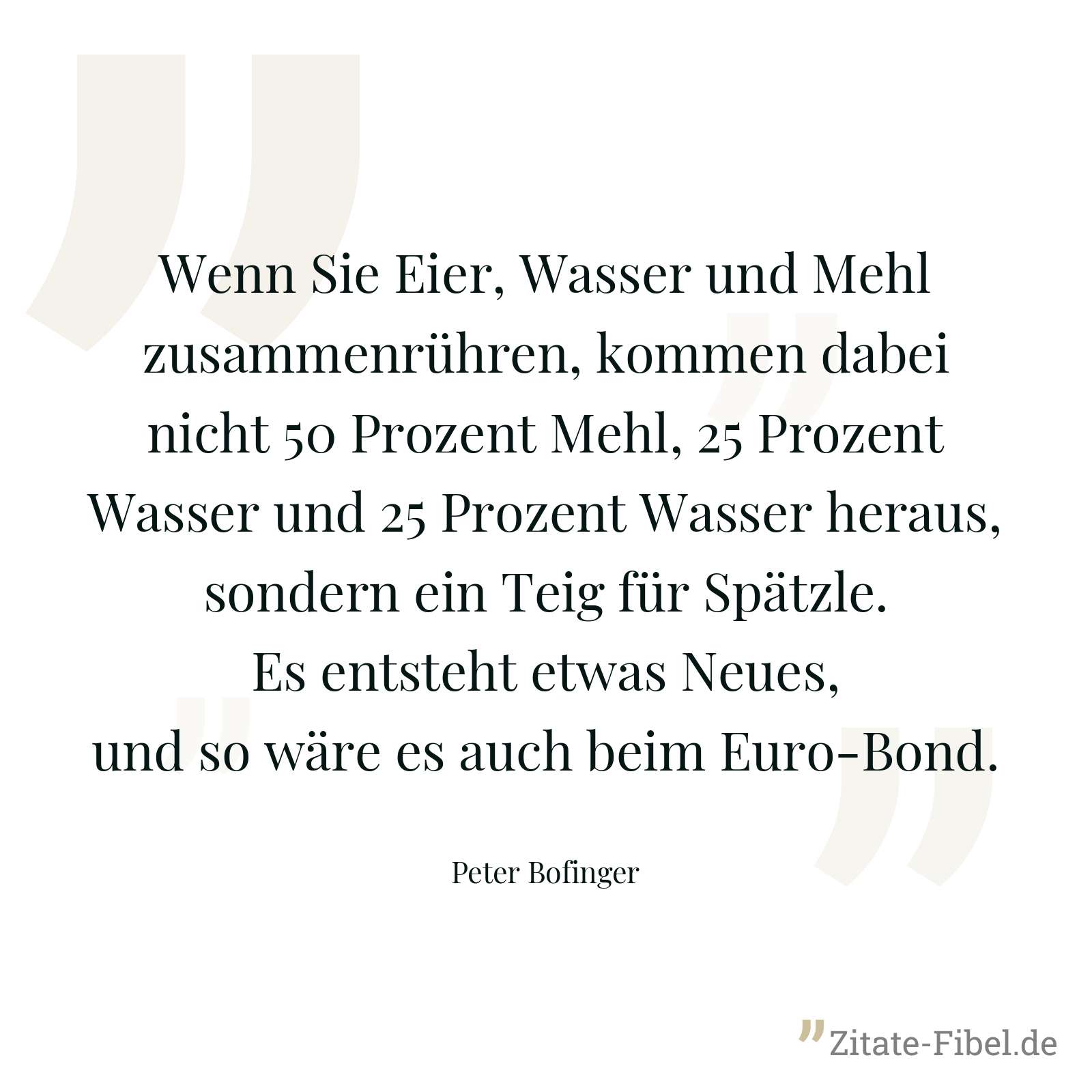 Wenn Sie Eier, Wasser und Mehl zusammenrühren, kommen dabei nicht 50 Prozent Mehl, 25 Prozent Wasser und 25 Prozent Wasser heraus, sondern ein Teig für Spätzle. Es entsteht etwas Neues, und so wäre es auch beim Euro-Bond. - Peter Bofinger