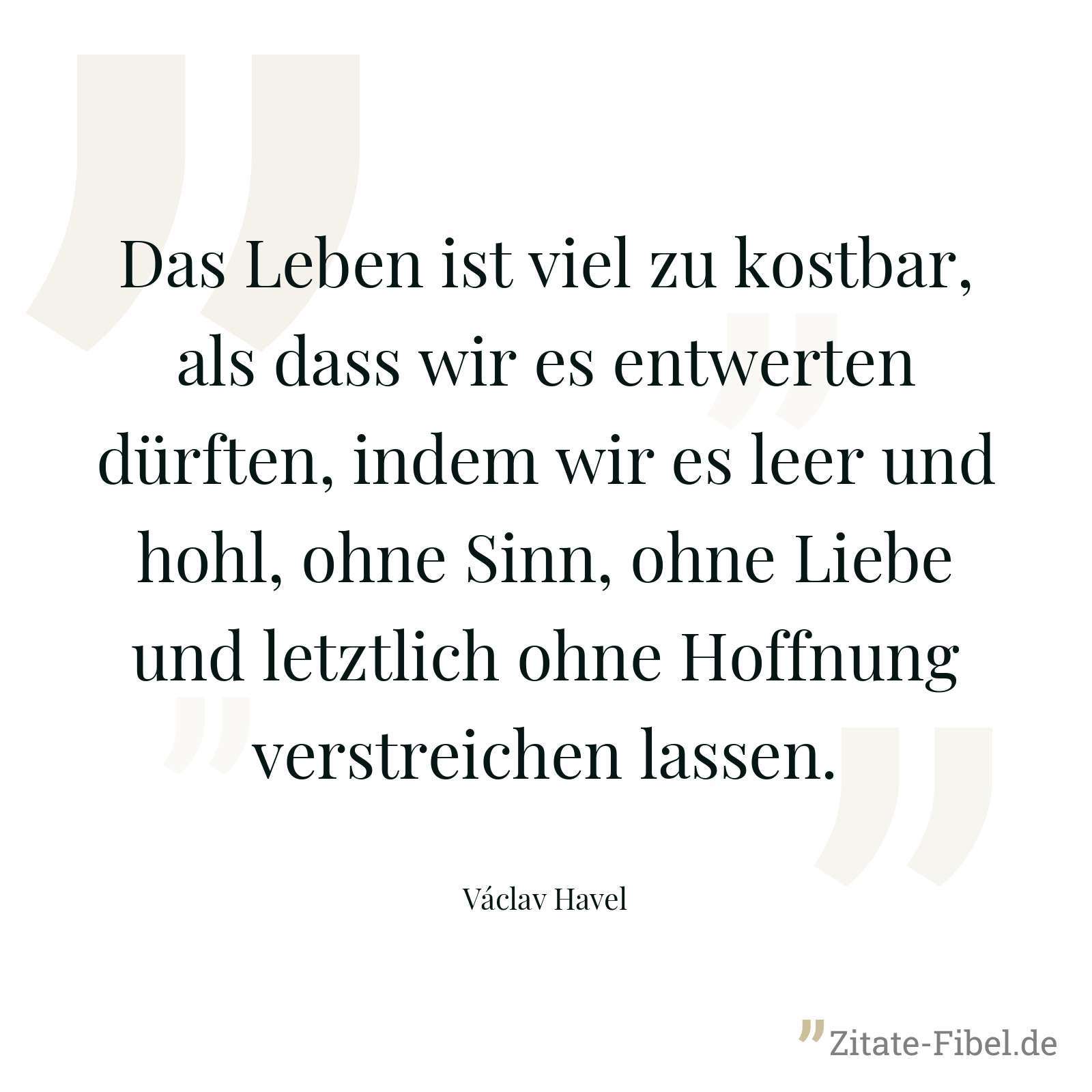 Das Leben ist viel zu kostbar, als dass wir es entwerten dürften, indem wir es leer und hohl, ohne Sinn, ohne Liebe und letztlich ohne Hoffnung verstreichen lassen. - Václav Havel